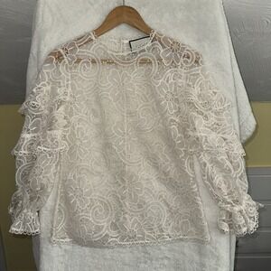 Alexis Lace Pattern Bateau Neckline Blouse Ruffle Sleeve Tiered Bridal Brunch XS